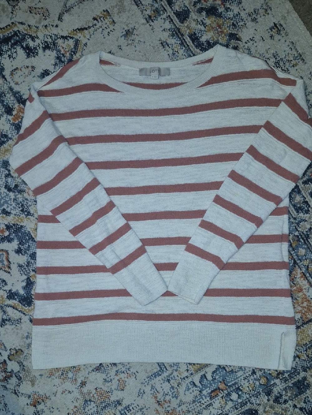 LOFT Striped Crewneck Sweater in Cream and Orange